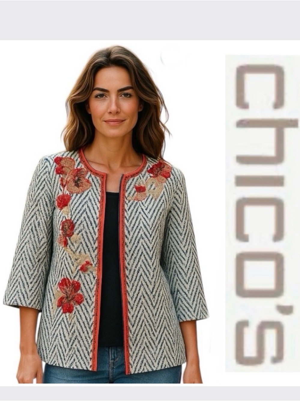 Chico’s Embroidered Jacket Size 1 Floral Appliqué Boho Chic Open Front Blazer